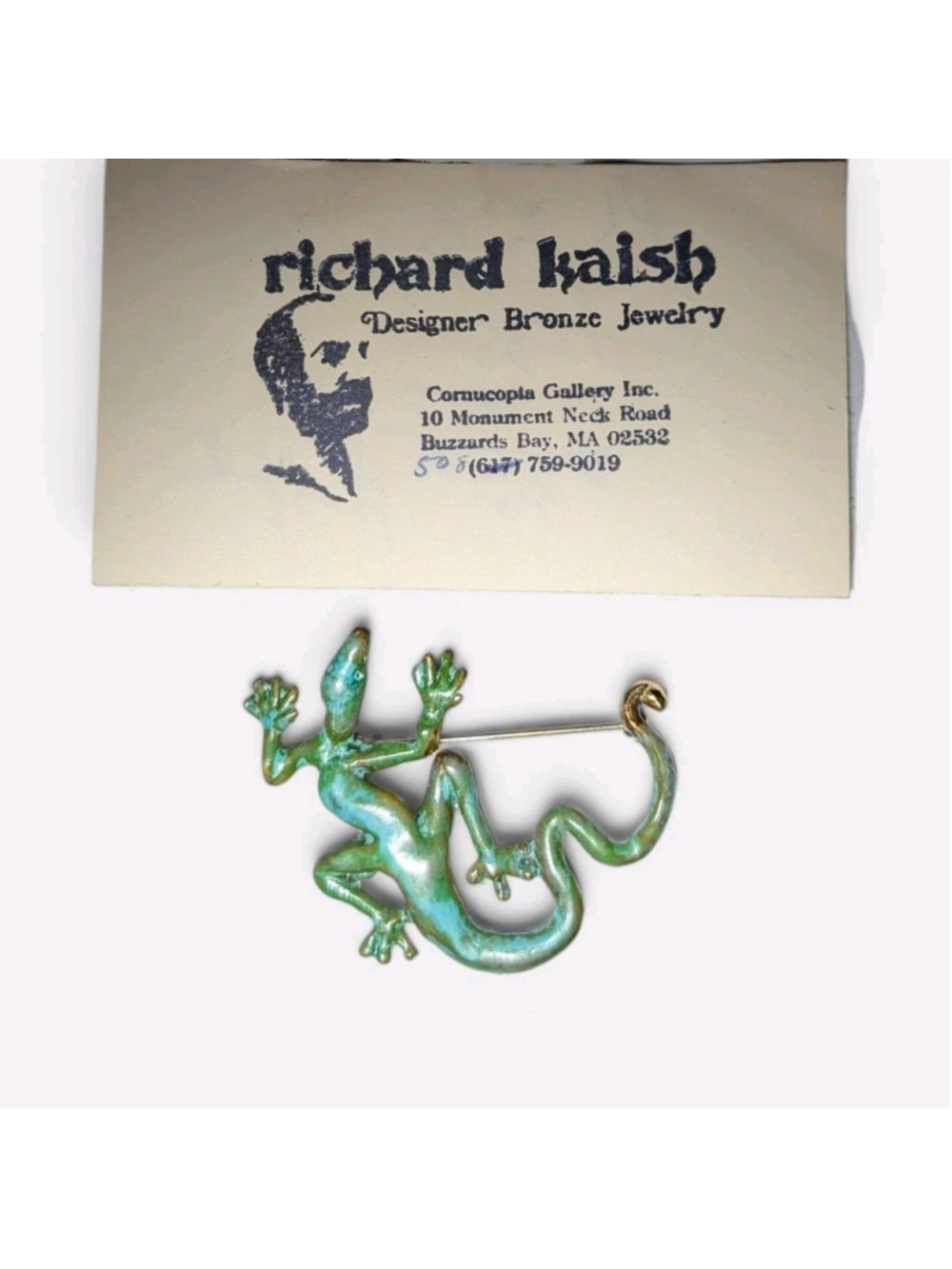 SIGNED Richard Kaish Lizard Gecko Reptile Bronze Patina Colored Brooch Pin 2"
